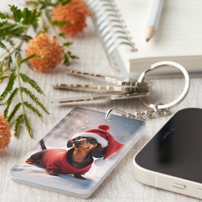 Cute dachshund with Christmas hat Keychain (Front Right)