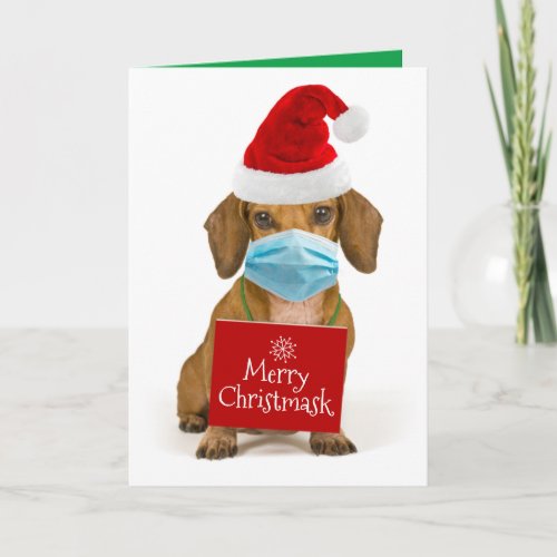 Cute Dachshund With Face Mask_ Merry Christmask Holiday Card