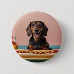 Cute Dachshund With Hot Dog Button