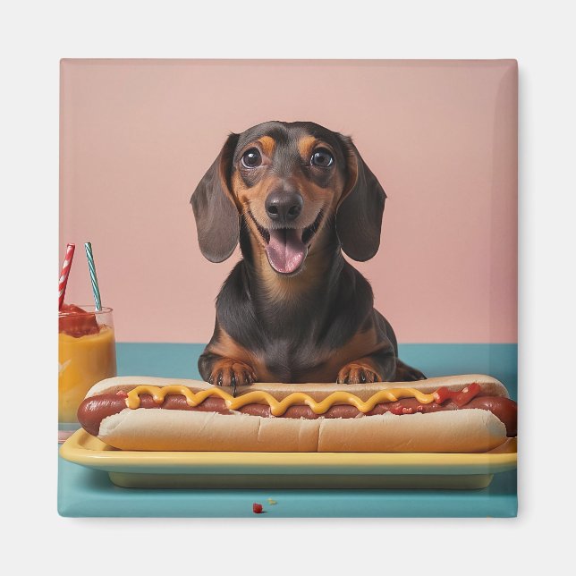 Cute Dachshund With Hot Dog Magnet (Front)