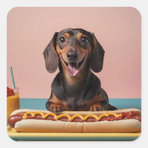 Cute Dachshund With Hot Dog Square Sticker