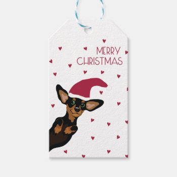 Cute Dachshund With Santa Hat And Heart Background Gift Tags by Doxie_love at Zazzle
