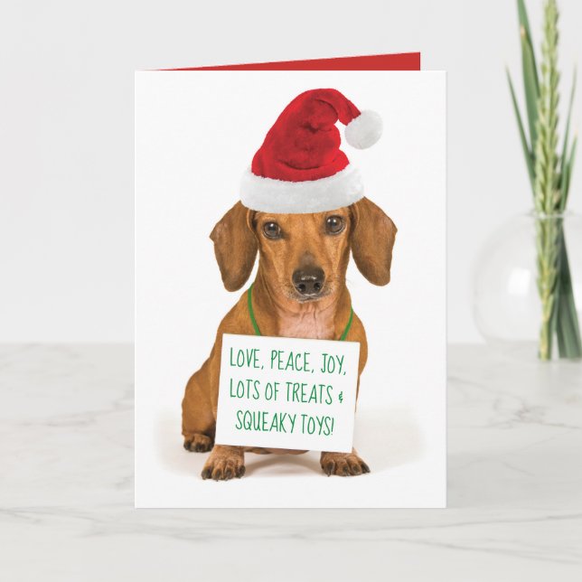 Cute Dachshund with Santa Hat Christmas Holiday Card (Front)