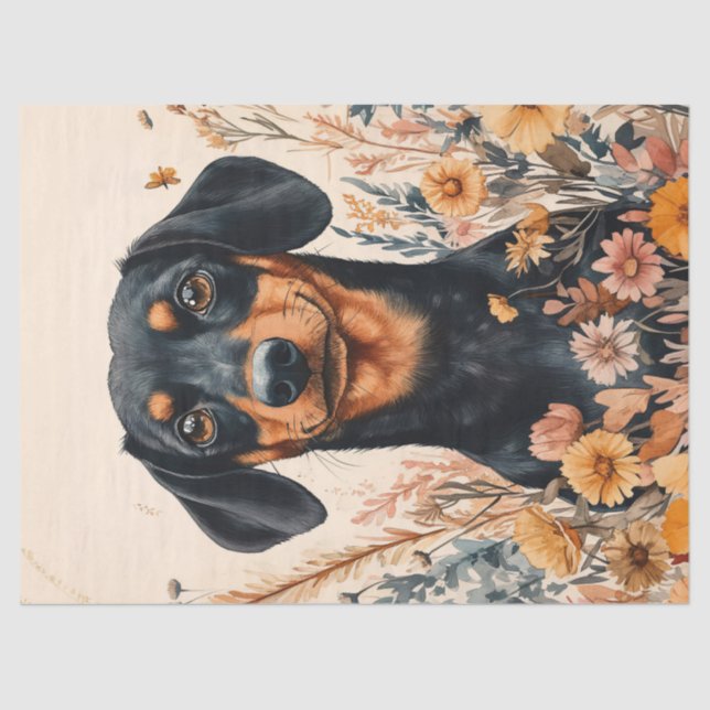 Cute Dachshund with Wildflowers Decoupage Tissue Paper (Front)
