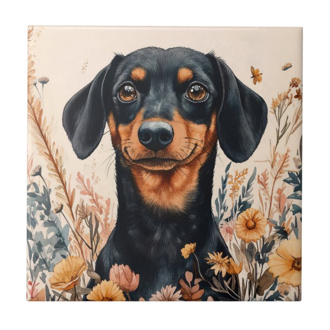 Cute Dachshund with Wildflowers Painting Ceramic Tile (Front)