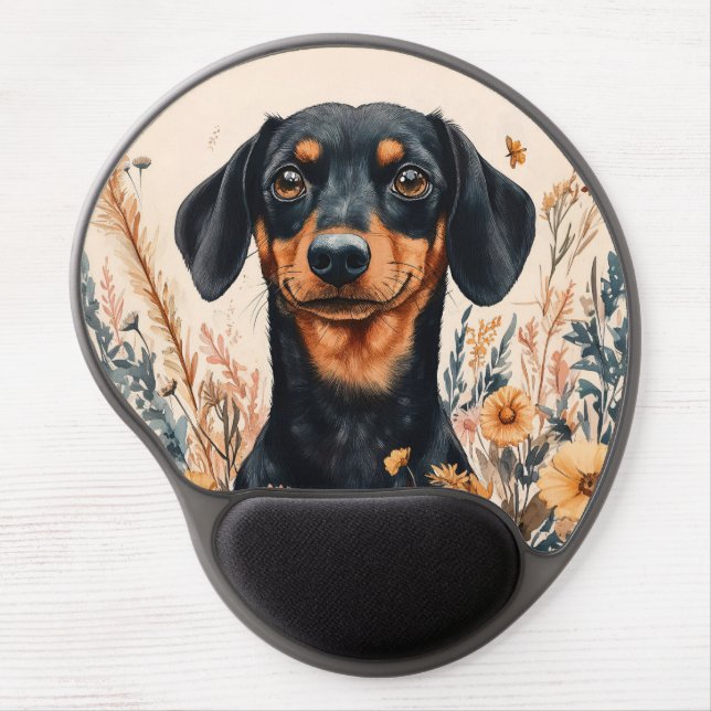 Cute Dachshund with Wildflowers Painting Gel Mouse Pad (Front)