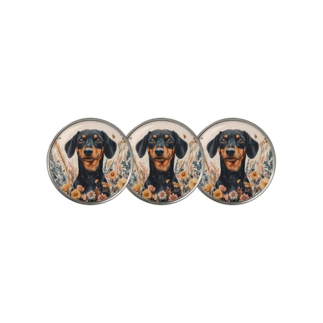 Cute Dachshund with Wildflowers Painting Golf Ball Marker (3 Up)
