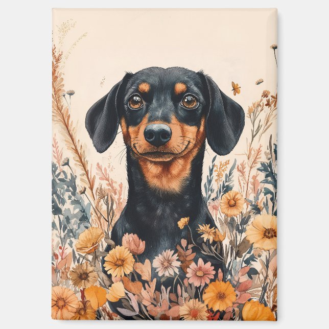 Cute Dachshund with Wildflowers Painting Magnet (Front)