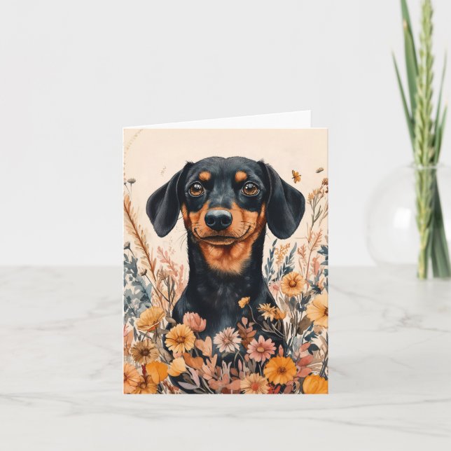 Cute Dachshund with Wildflowers Painting Note Card (Front)