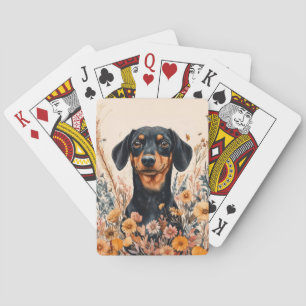Cute Dachshund with Wildflowers Painting Poker Cards