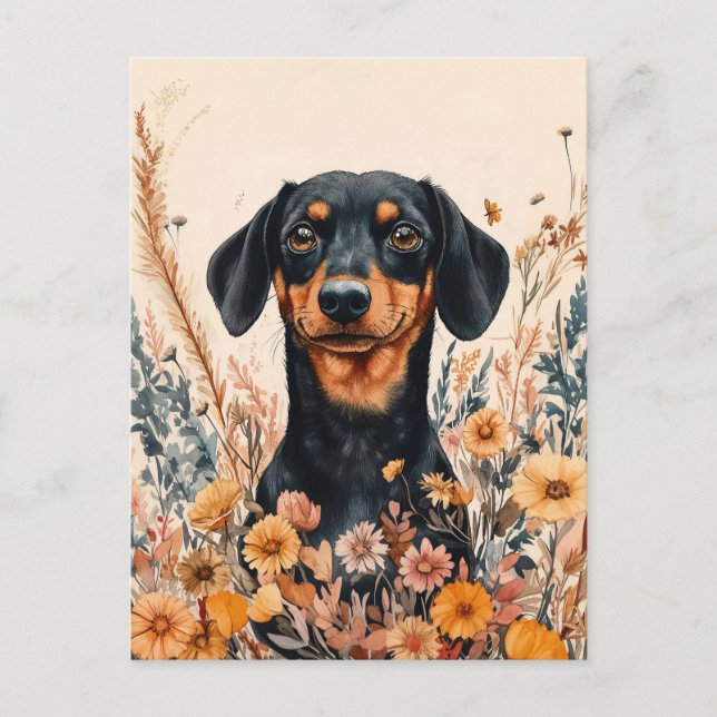 Cute Dachshund with Wildflowers Painting Postcard (Front)