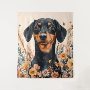 Cute Dachshund with Wildflowers Painting Tapestry