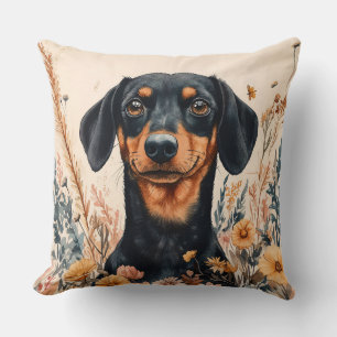 Cute Dachshund with Wildflowers Painting Throw Pillow