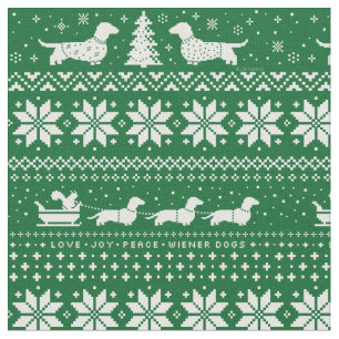 Cute Dachshunds Christmas Holiday Pattern Green Fabric