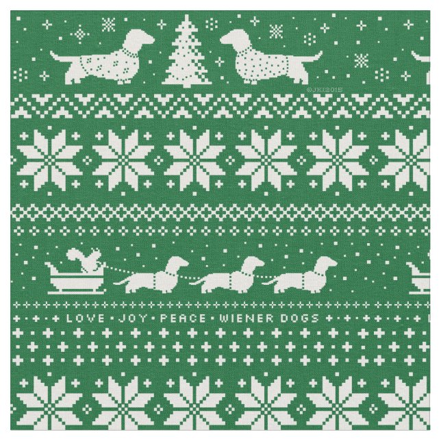 Cute Dachshunds Christmas Holiday Pattern Green Fabric (Close Up)