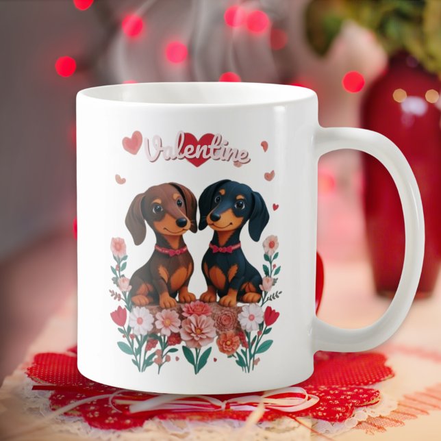 Cute Dachshunds Doxie Love Hearts Valentine's Day Coffee Mug (A personalized mug for Valentine's Day, with cartoon-style image of two cute dachshunds)