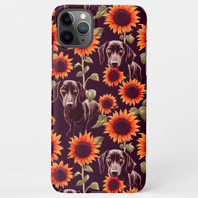 Cute Dachshunds Enchanted Sunflower Garden Drawing iPhone Case (Back)