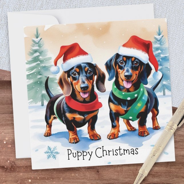 Cute Dachshunds Funny Dog Doxie Puppy Christmas Holiday Card (A Christmas card with illustration of two cute dachshund puppies and caption 'Puppy Christmas')