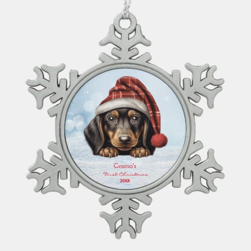 Cute Dachshunds Puppy Dog Santa Hat 1st Christmas Snowflake Pewter Christmas Ornament