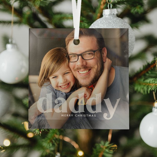 Cute Daddy Overlay Typography Photo  Glass Ornament (Creator Uploaded)