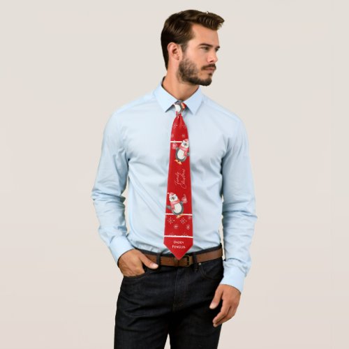 Cute Daddy Penguin on Red Christmas Neck Tie