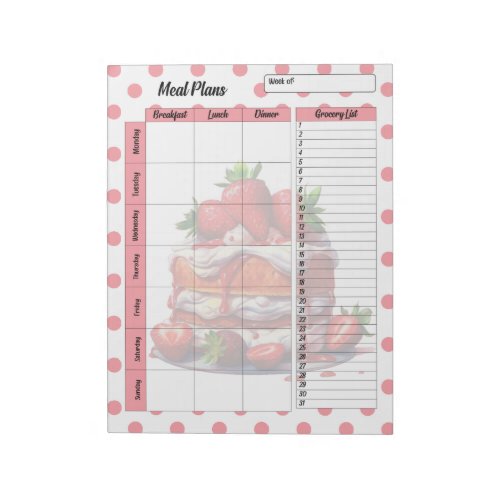 Cute Daily Strawberry Treats Meal Planner Notepad
