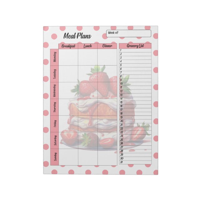 Cute Daily Strawberry Treats Meal Planner Notepad (Rotated)