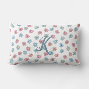 Cute Dainty Pink Blue Daisy Flower Floral Monogram Lumbar Pillow