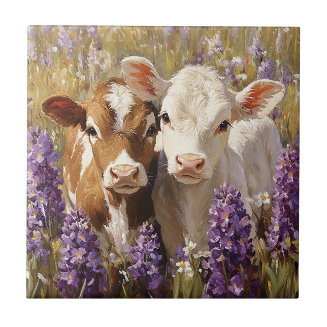 Cute Dairy Cow Calves Lupine Flowers Ceramic Tile (Front)