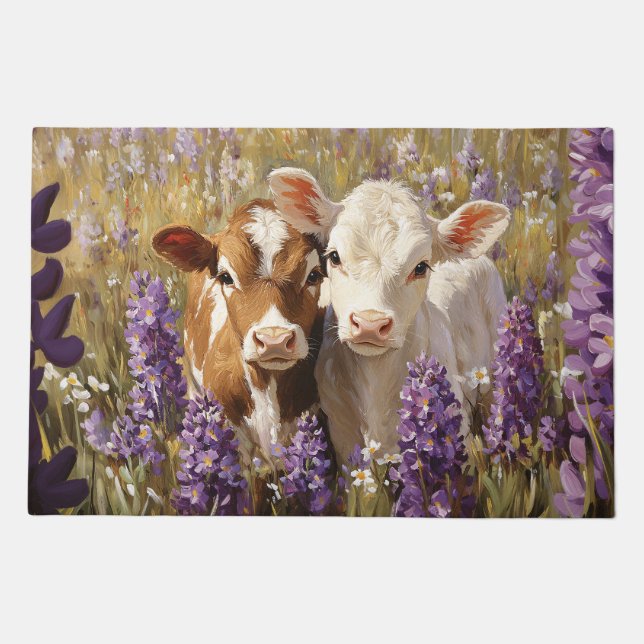 Cute Dairy Cow Calves Lupine Flowers Doormat (Front)