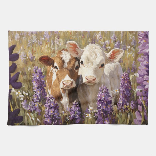 Cute Dairy Cow Calves Lupine Flowers Kitchen Towel (Horizontal)