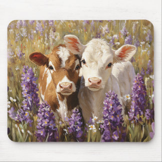 Cute Dairy Cow Calves Lupine Flowers Mouse Pad