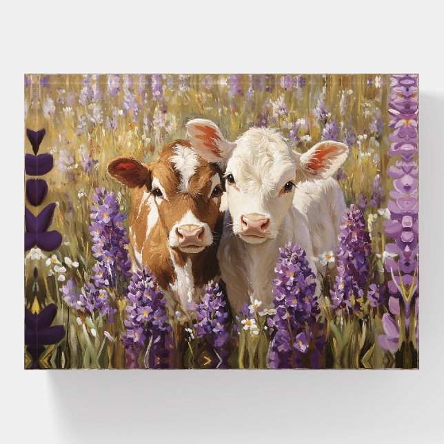 Cute Dairy Cow Calves Lupine Flowers Paperweight (Front)