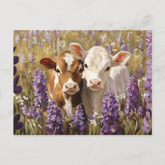 Cute Dairy Cow Calves Lupine Flowers Postcard