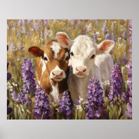 Cute Dairy Cow Calves Lupine Flowers