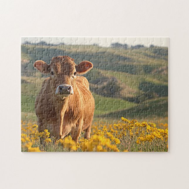 Cute Dairy Cow Yellow Wildflowers Jigsaw Puzzle (Horizontal)
