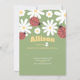 Cute Daisies and Ladybugs 2nd Birthday Party Invitation