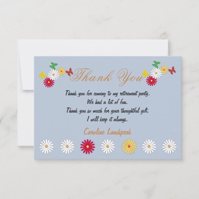 Cute Daisies & Butterflies Happy Retirement Thanks Note Card (Front)