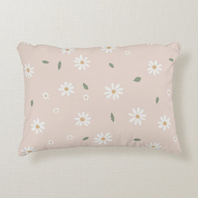 Cute Daisies Floral Blossoms & Greenery Accent Pillow (Front)