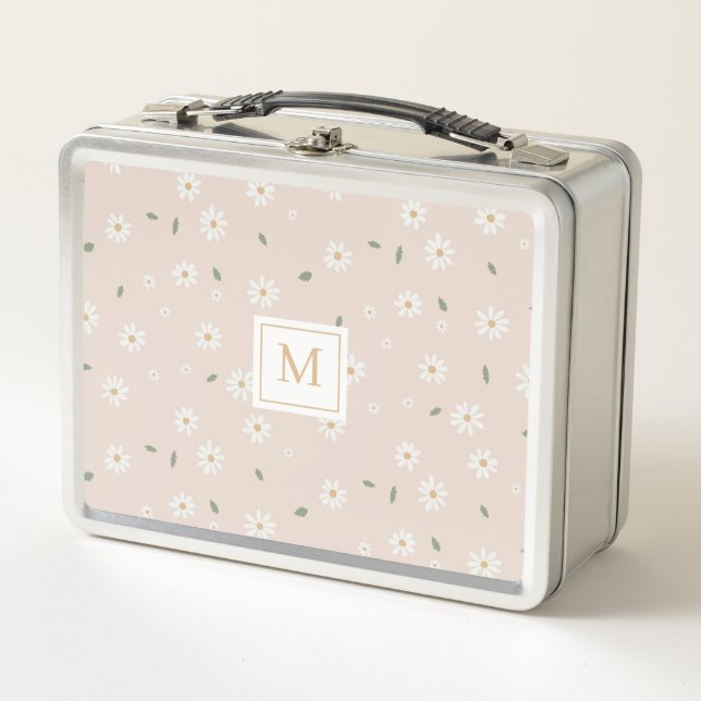 Cute Daisies Floral Blossoms & Greenery Monogram Metal Lunch Box (Front)