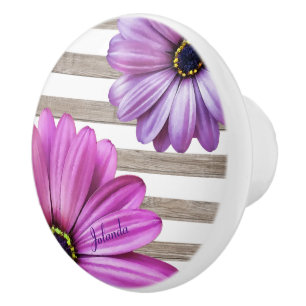 Cute Daisies Wood White Stripes Add Name Ceramic Knob
