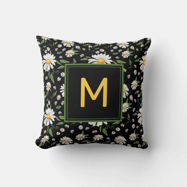 Cute Daisy and Bee Monogram Floral Pattern Throw Pillow (Front)
