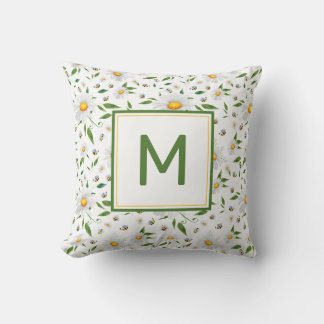 Cute Daisy and Bee Monogram Floral Pattern Throw Pillow