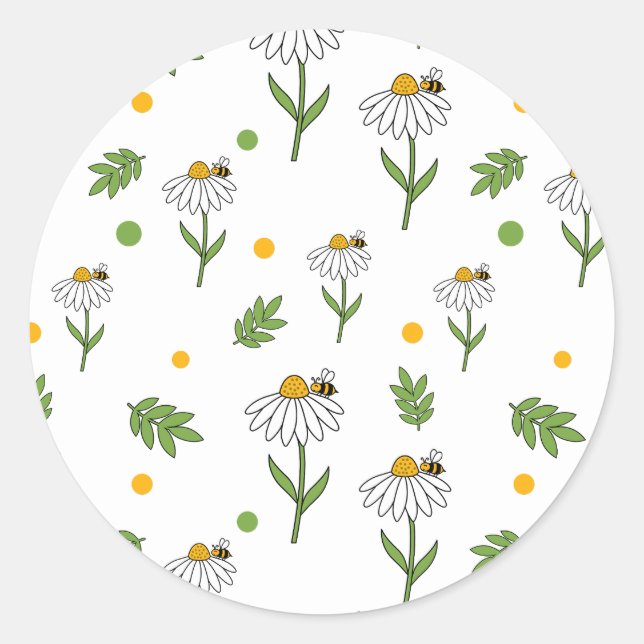 Cute Daisy and Bee Seamless Pattern Classic Round Sticker (Front)