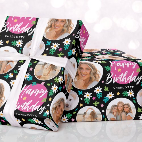 Cute Daisy Birthday Name Photos Hot Pink Black Wrapping Paper