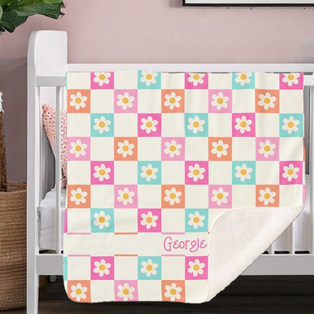 Cute Daisy Chequerboard Simple Colorful Sherpa Blanket (Cute personalized sherpa blanket with colorful daisy chequerboard pattern)