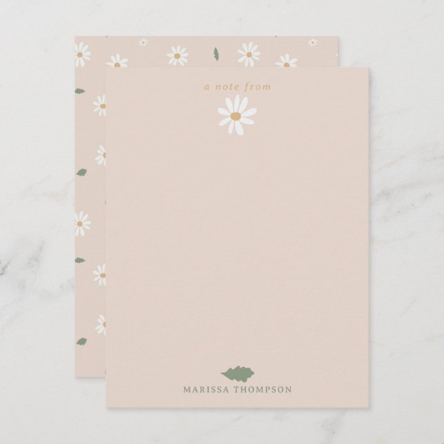 Cute Daisy Floral Blossoms & Greenery Custom Name Note Card (Front/Back)