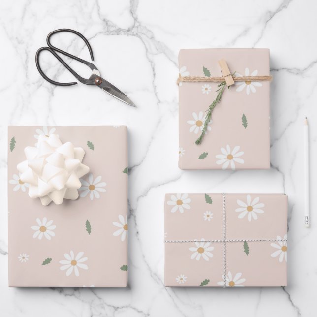 Cute Daisy Floral Blossoms & Greenery Wrapping Paper Sheets (Front)