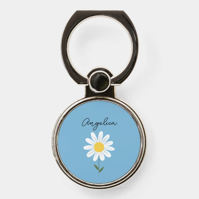 Cute Daisy Floral Charm Custom Text Phone Ring Stand (Front)