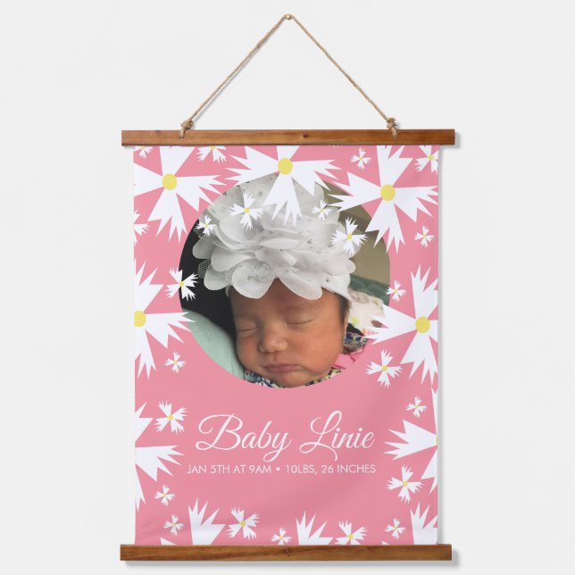 Cute Daisy Florals Border Photo Baby Announcement  Hanging Tapestry (Front)